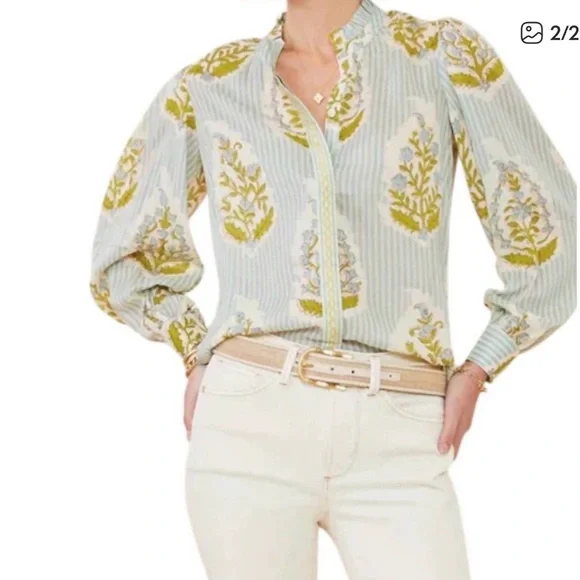 Spartina 449 Striped Floral Blouse - Blue and Green - Picture 1 of 4